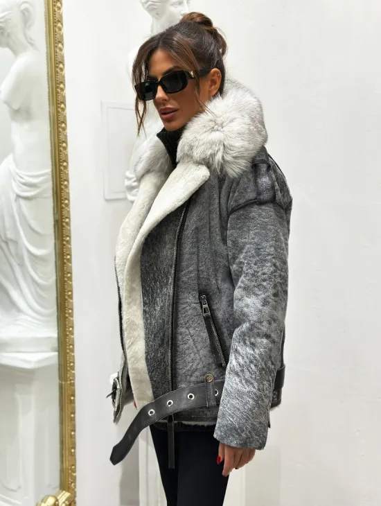 Дубленка из натуральной овчины - цвет серый - фото 2