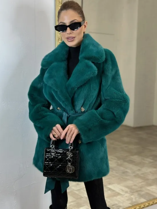 Жакет из меха норки английский воротник - морской изумруд - фото 0