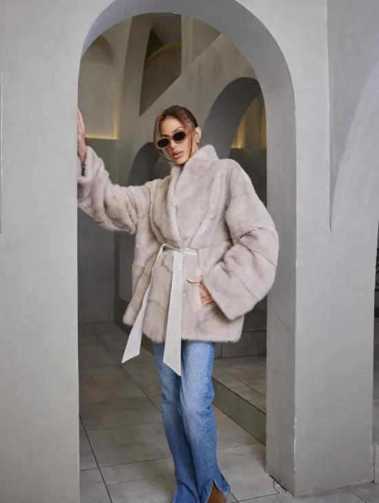 Кимоно норковое воротник отворот - цвет нюдовый - фото 4