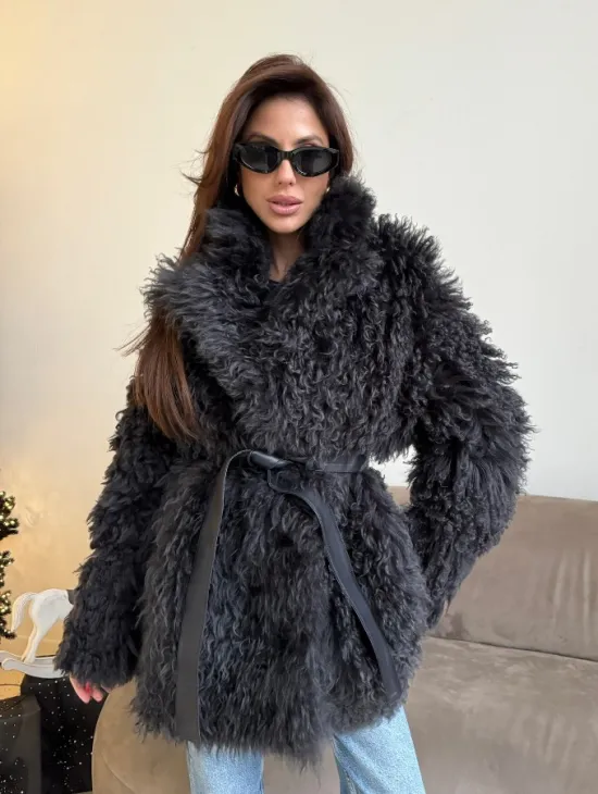 Двусторонняя шуба - дубленка из овчины цвет графит - фото 4