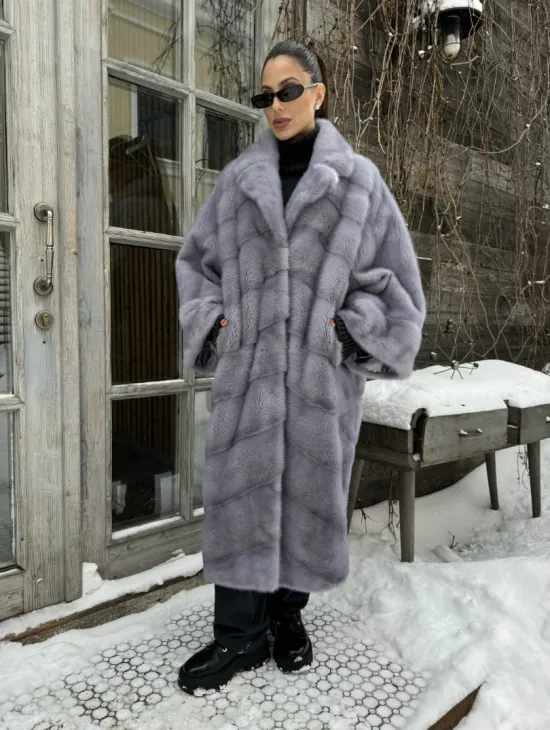 Шуба норковая в стиле Oversize - цвет серый сапфир - фото 5
