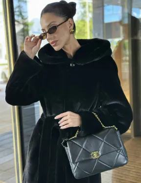 Удлиненная шуба из норки BLACKGLAMA с капюшоном - фото 1