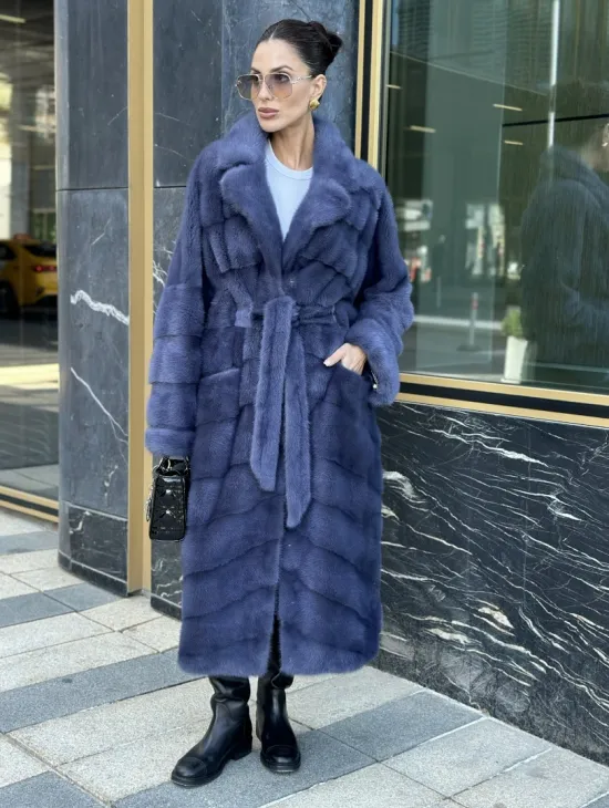 Норковая шуба с английским воротником - цвет джинс - фото 0